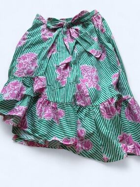 Green Striped Floral Tie-Waist Skirt